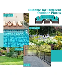 6 Pieces Patio Rattan Furniture Set with Cushions and Glass Coffee Table-Turquoise