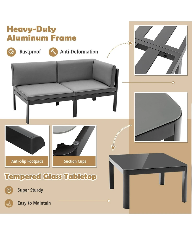 3 Pieces Aluminum Patio Furniture Set with 6-Level Adjustable Backrest-Grey