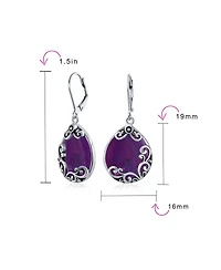 Bling Jewelry Boho Western Large Flat Teardrop Natural Stone Filigree Scroll Lever Back Dangle Earrings Oxidized .925 Sterling Silver
