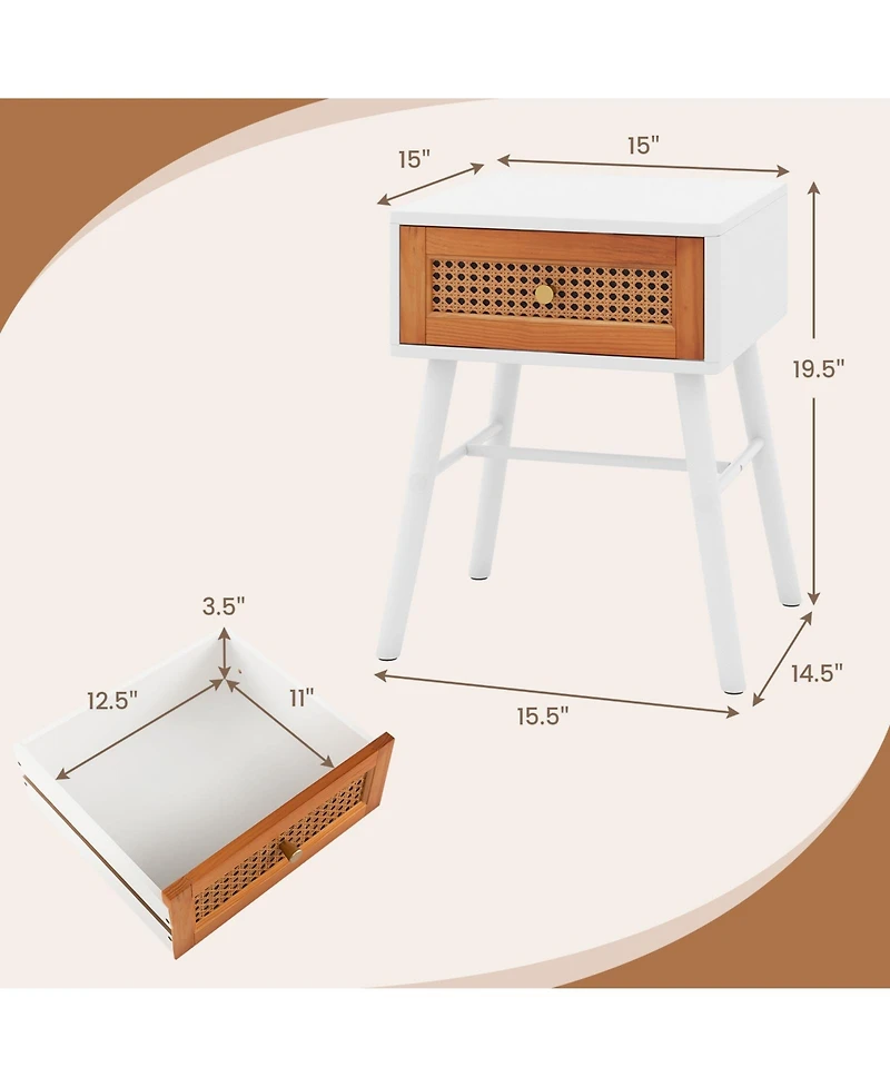 Slickblue Rattan Nightstand Mid Century Modern Accent Table with Drawer-White