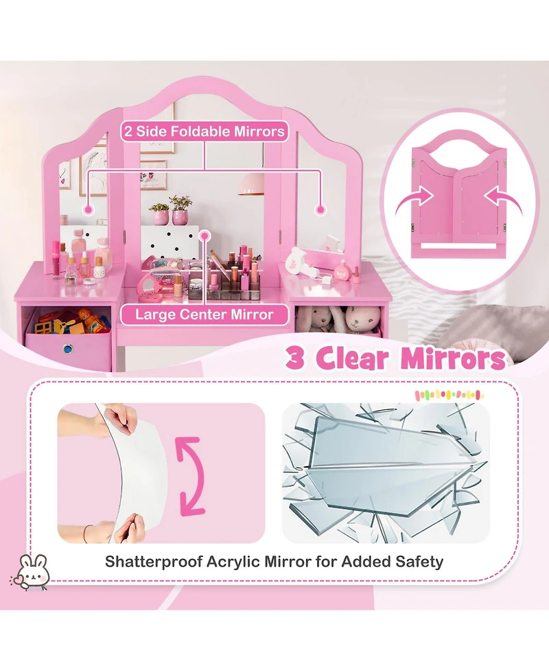 Slickblue Kids Vanity Table and Chair Set with Removable Mirrors and 4 Storage Bins