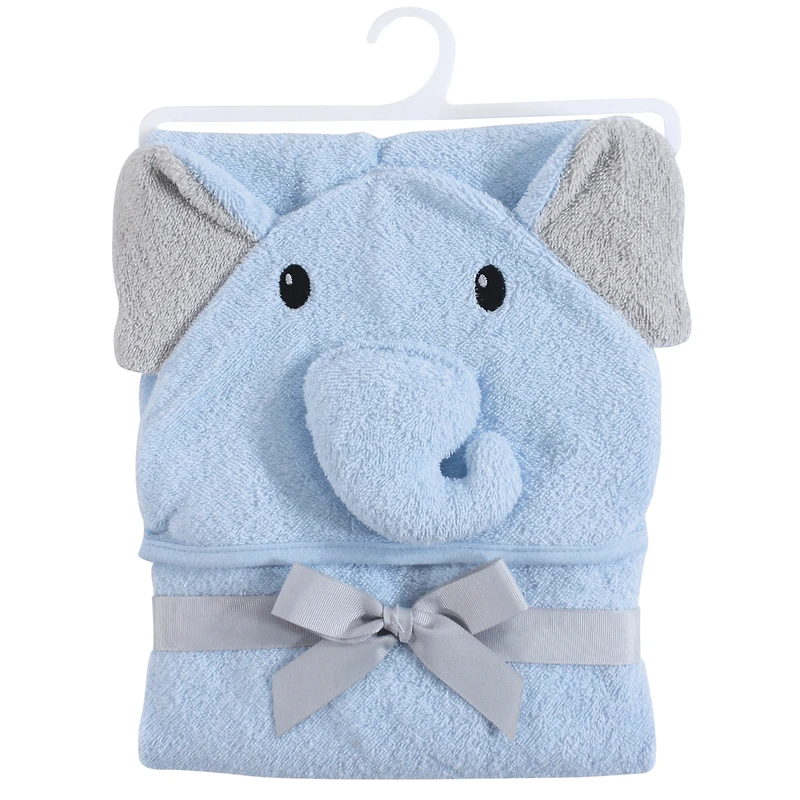 Hudson Baby Infant Boy Cotton Animal Face Hooded Towel, Light Blue Elephant 2-Piece, One Size
