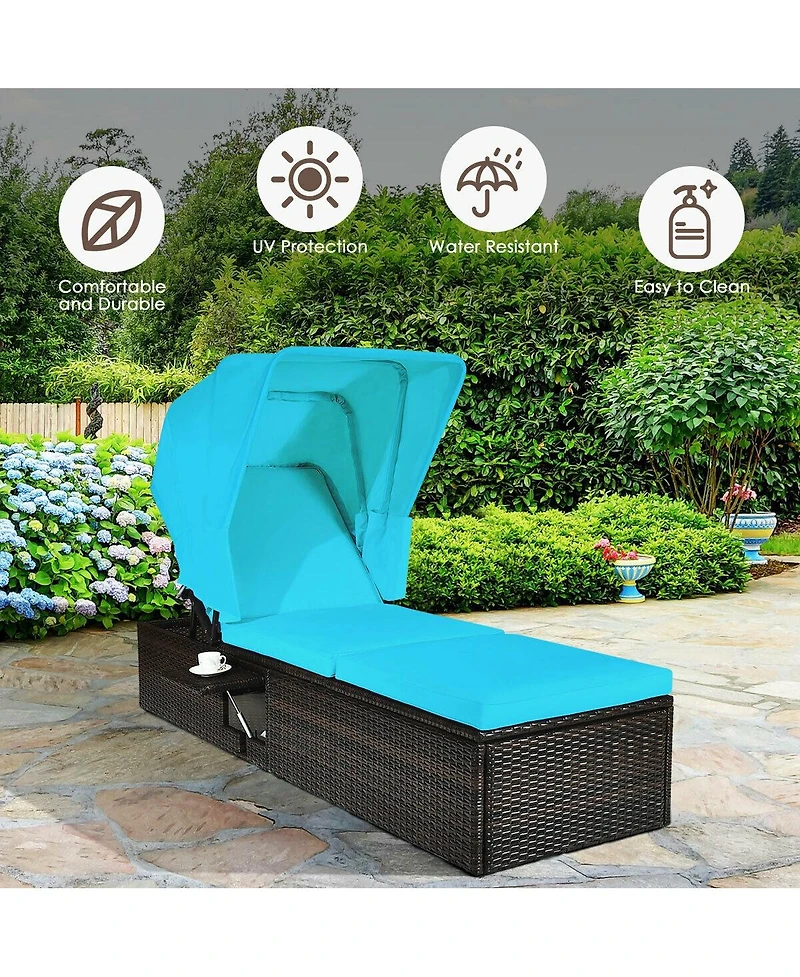 Slickblue Chaise Cushioned Top Canopy Patio Rattan Lounge Chair with Tea Table