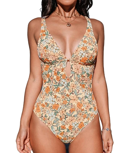 Cupshe Women's Textured Floral Cutout Plunge Neck O-Ring Back One Piece Swimsuit