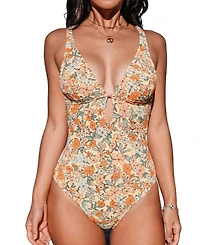 Cupshe Women's Textured Floral Cutout Plunge Neck O-Ring Back One Piece Swimsuit
