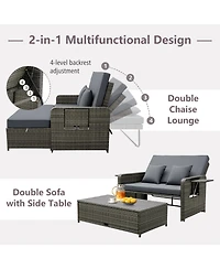 Patio Wicker Loveseat Sofa with Multipurpose Ottoman and Retractable Side Tray