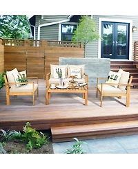 Skonyon Outdoor 4 Pieces Acacia Wood Chat Set with Water Resistant Cushions