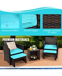 Sugift 5 Pieces Patio Rattan Furniture Set with Ottoman and Tempered Glass Coffee Table