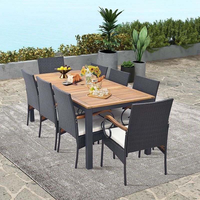 Costway 9 Pcs Patio Rattan Dining Set with Acacia Wood Table, Cushions, 1.9" Umbrella Hole