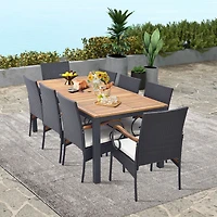 Costway 9 Pcs Patio Rattan Dining Set with Acacia Wood Table, Cushions, 1.9" Umbrella Hole