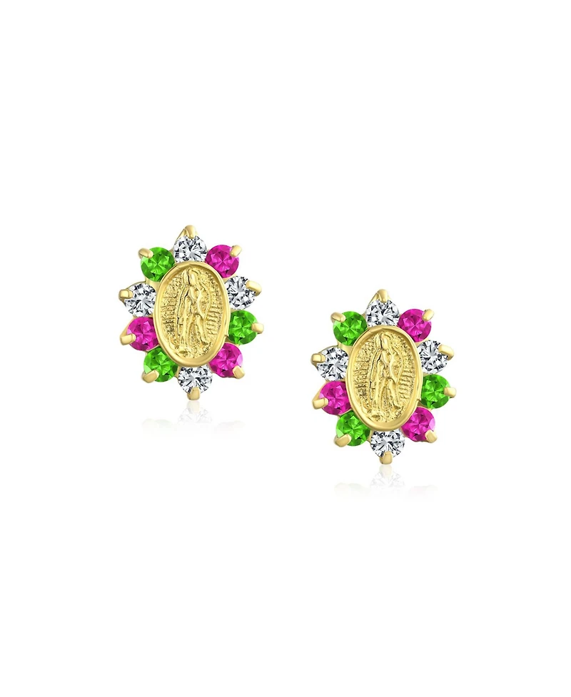Bling Jewelry Small Green Pink Cubic Zirconia Cz Holy Mother Religious Medallion Style OvalYellow 14K Gold Virgin Mary Stud Earrings Women