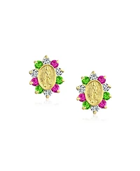 Bling Jewelry Small Green Pink Cubic Zirconia Cz Holy Mother Religious Medallion Style OvalYellow 14K Gold Virgin Mary Stud Earrings Women