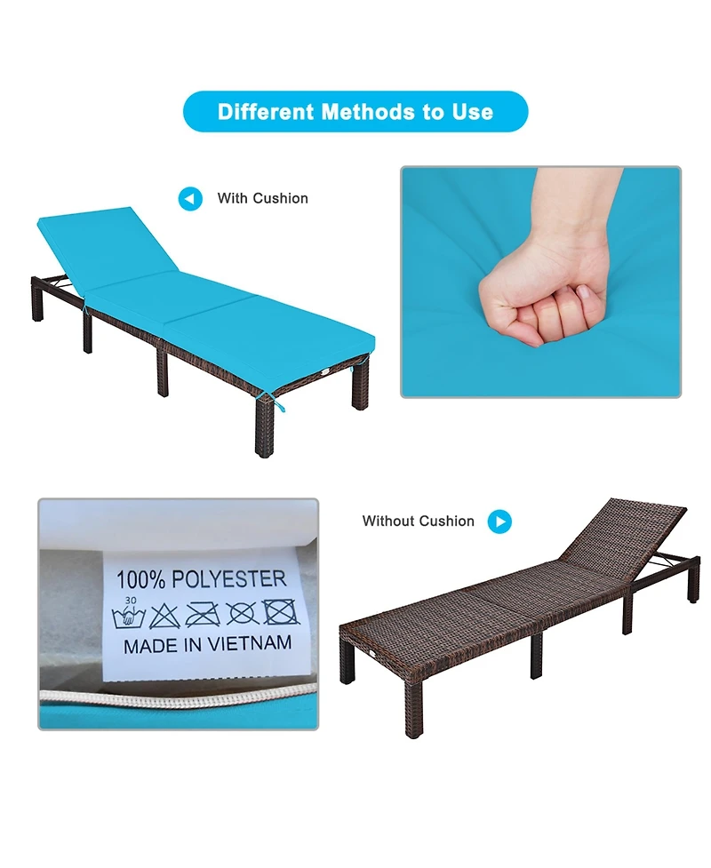 Gymax 2PCS Adjustable Patio Rattan Chaise Lounge Chair Recliner Outdoor w/ Turquoise Cushion