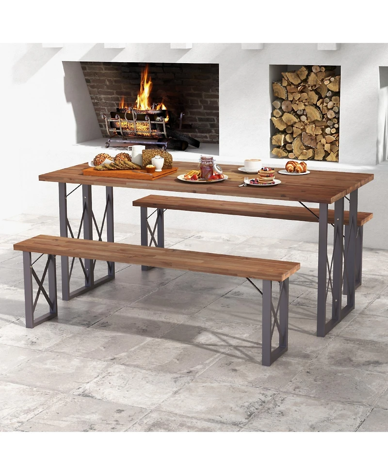 Slickblue Outdoor Picnic Bench Set Solid Acacia Wood Patio Rectangular Benches