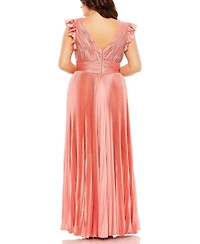 Mac Duggal Plus Flutter Sleeve Pleated V-Neck Gown