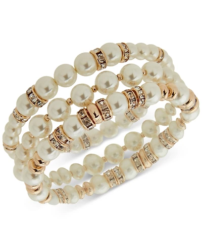 Anne Klein 3-Pc. Set White Imitation Pearl & Crystal Rondelle Stretch Bracelets