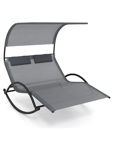 Slickblue Outdoor Dual Rocker Sunbed 2-Person Canopied Patio Lounger with Detachable Headrests-Grey