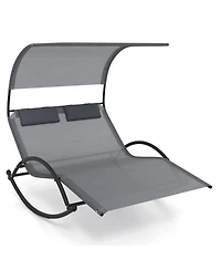 Slickblue Outdoor Dual Rocker Sunbed 2-Person Canopied Patio Lounger with Detachable Headrests-Grey