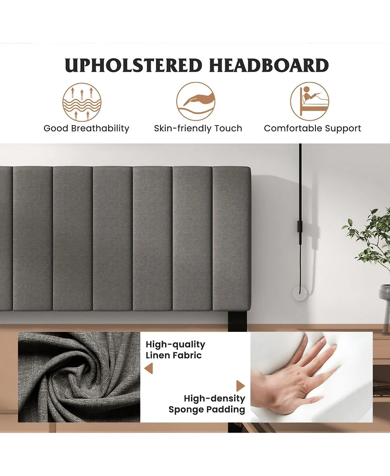 Queen Size Upholstered Bed Frame with Vertical Channel Tufted Headboard-Gray