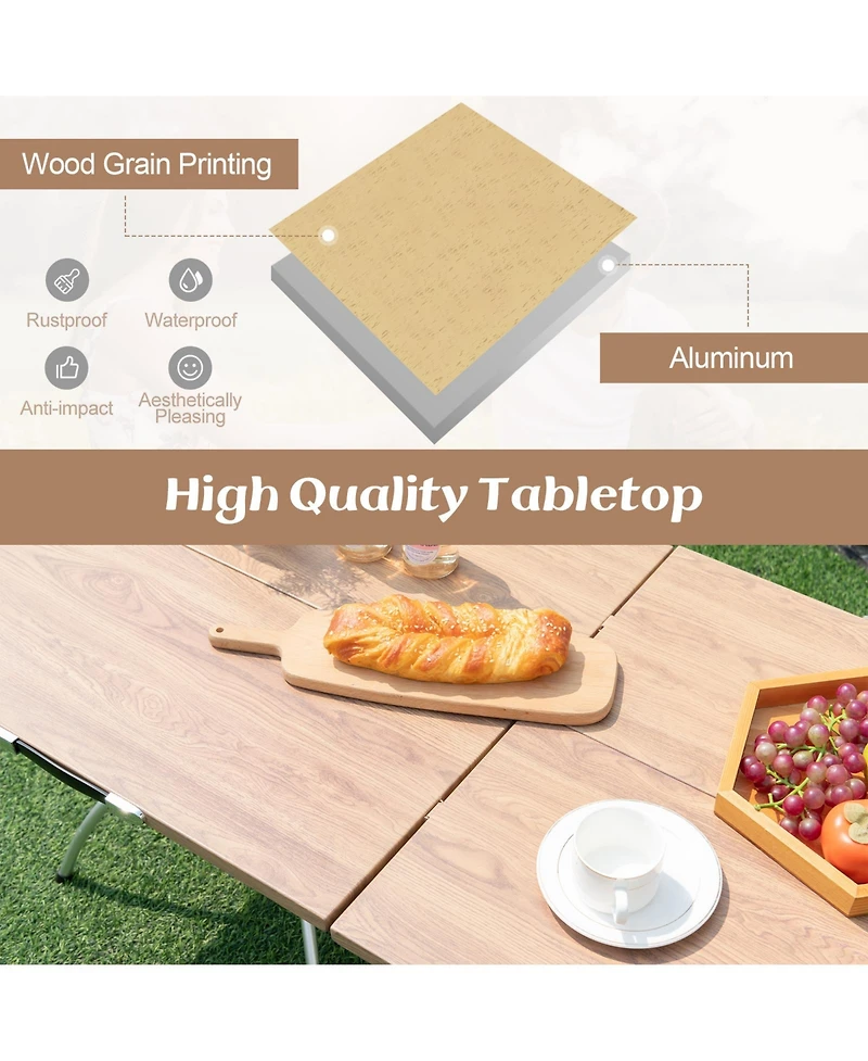 Slickblue 2 Pack Folding Camping Table with Wood-grain Tabletop for Hiking Party-Natural