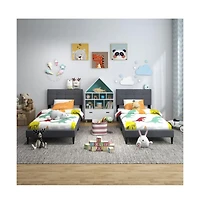 Sugift Twin Size Upholstered Platform Bed with with Button Tufted Linen Fabric Headboard