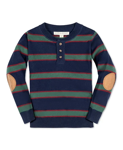 Hope & Henry Baby Boys Organic Long Sleeve Henley Pullover Sweater with Elbow Patches Cable Pat