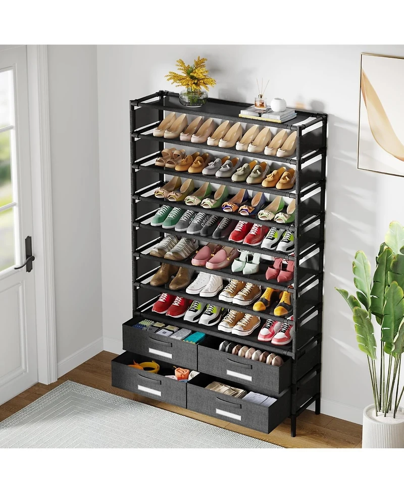 Tribesigns 10 Tier Shoe Rack Organizer with 4 Bins Drawers for Closet Entryway, 50 Pairs Vertical Shoe Racks Free Standing Tall Shoe Shelf Storage Org