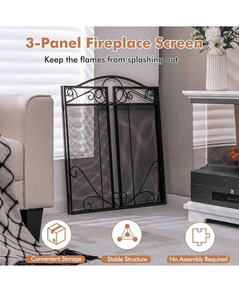 3-Panel Freestanding Fireplace Screen Folded Fire Doors