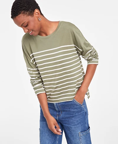 On 34th Women's Boxy Striped Long-Sleeve T-Shirt, Created for Macy's