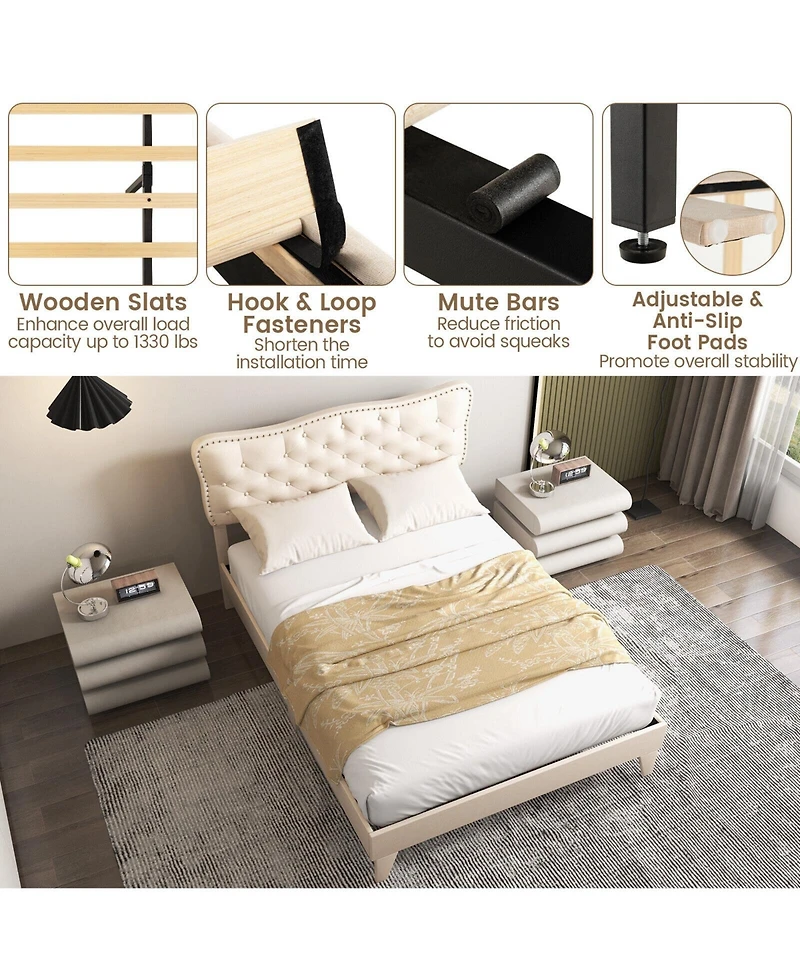 Sugift Full Size Bed Frame with Nail Headboard and Wooden Slats