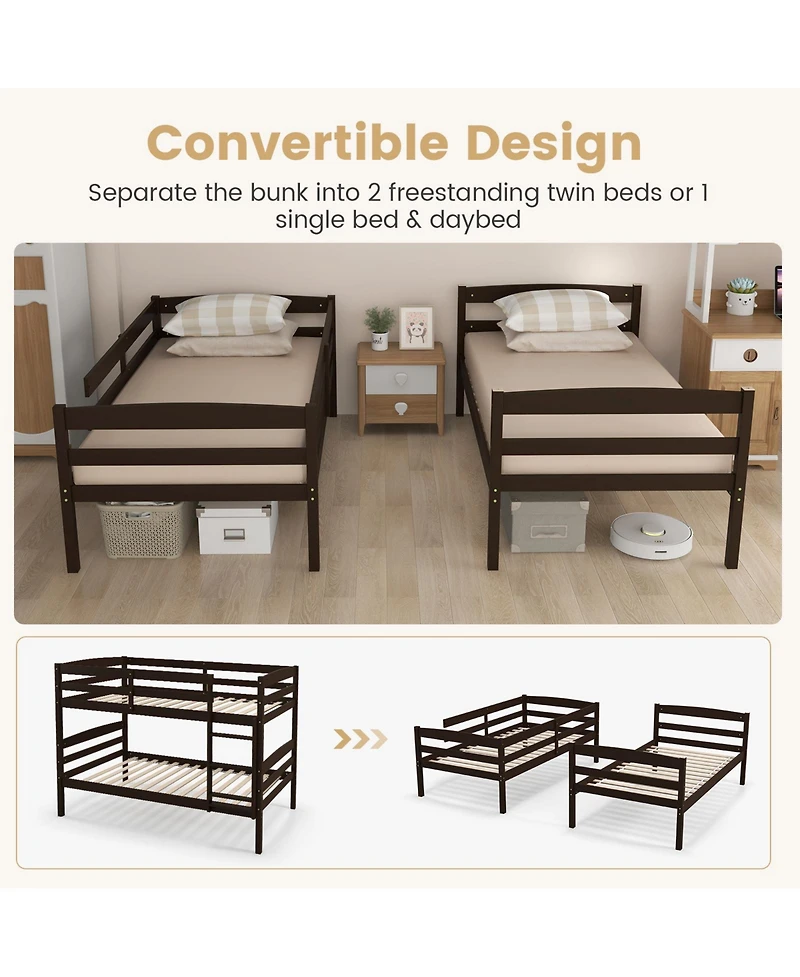 Sugift Solid Wood Twin Over Bunk Bed Frame with High Guardrails and Integrated Ladder