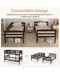 Sugift Solid Wood Twin Over Bunk Bed Frame with High Guardrails and Integrated Ladder
