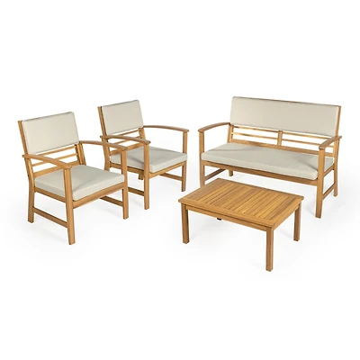 Jonathan Y Barclay 4-Piece Modern Coastal Acacia Wood Conversation Outdoor Patio Set with Cushions, Orange/Teak Brown