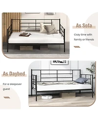 Sugift Twin Size Metal Daybed Sofa Bed Frame with Armrests and Backrest