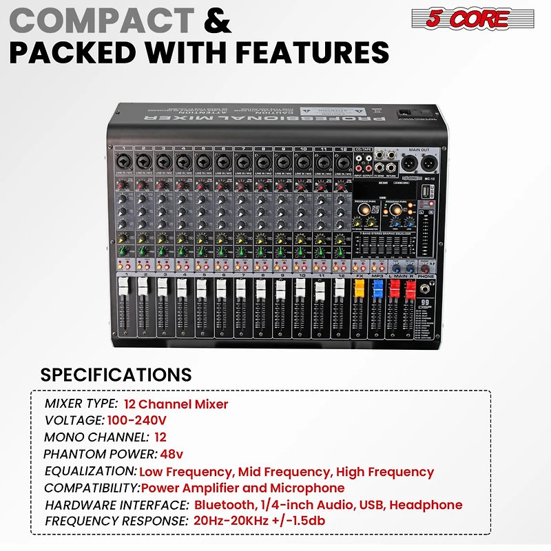 5 Core Audio Dj Mixer 12 Channel Sound Board L Shape w Bluetooth Usb 99 Dsp Effects 48V Phantom Power - Mx 12CH L