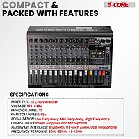 5 Core Audio Dj Mixer 12 Channel Sound Board L Shape w Bluetooth Usb 99 Dsp Effects 48V Phantom Power - Mx 12CH L