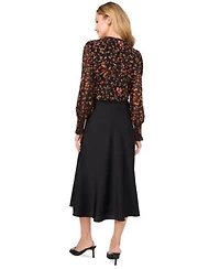 Cece Womens Floral Print Blouse Satin Midi Skirt