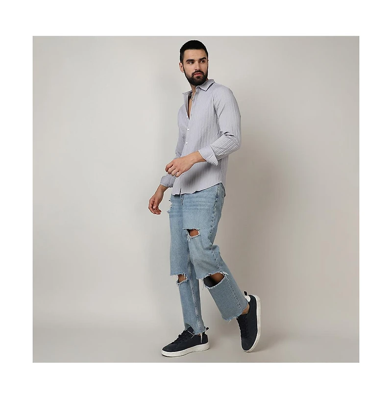 Men's Moon Grey Self-Design Striped Shirt