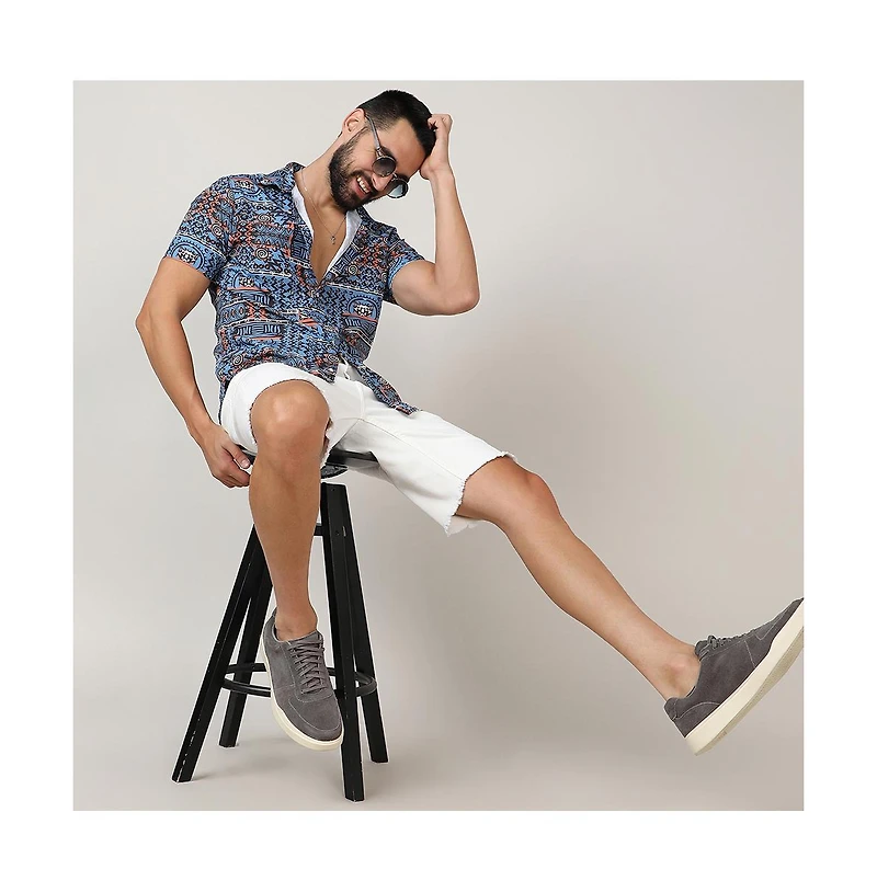 Campus Sutra Men's Icy Blue Artistic Bohemian Shirt