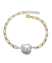 Sterling Silver 14k Gold Plated White Freshwater Pearl Paperclip Link Bracelet