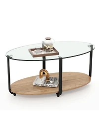 Givimo 2-Tier Glass-Top Oval Coffee Table with Wooden Shelf for Living Room