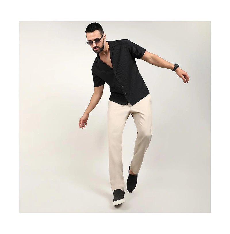 Men's Charcoal Black Self-Design Striped Shirt