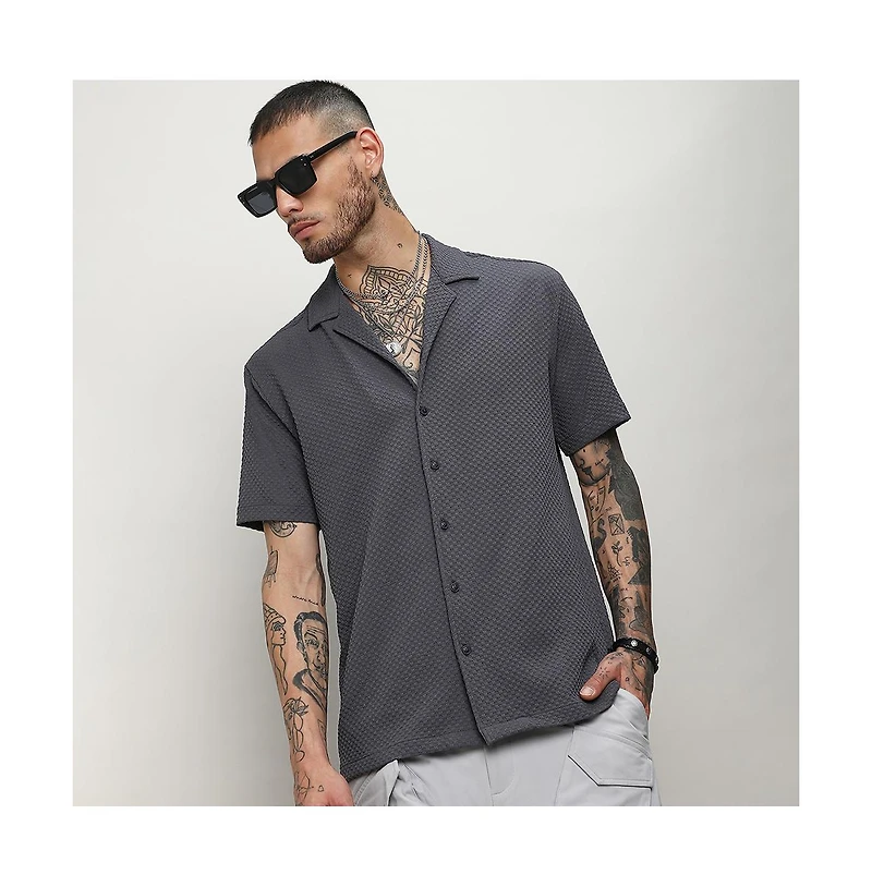 Men's Charcoal Grey Self-Design Block Shirt