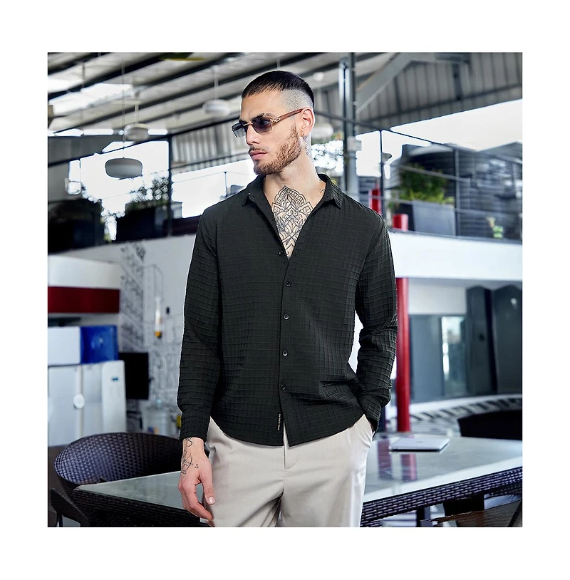 Men's Midnight Black Embossed Graph Check Shirt