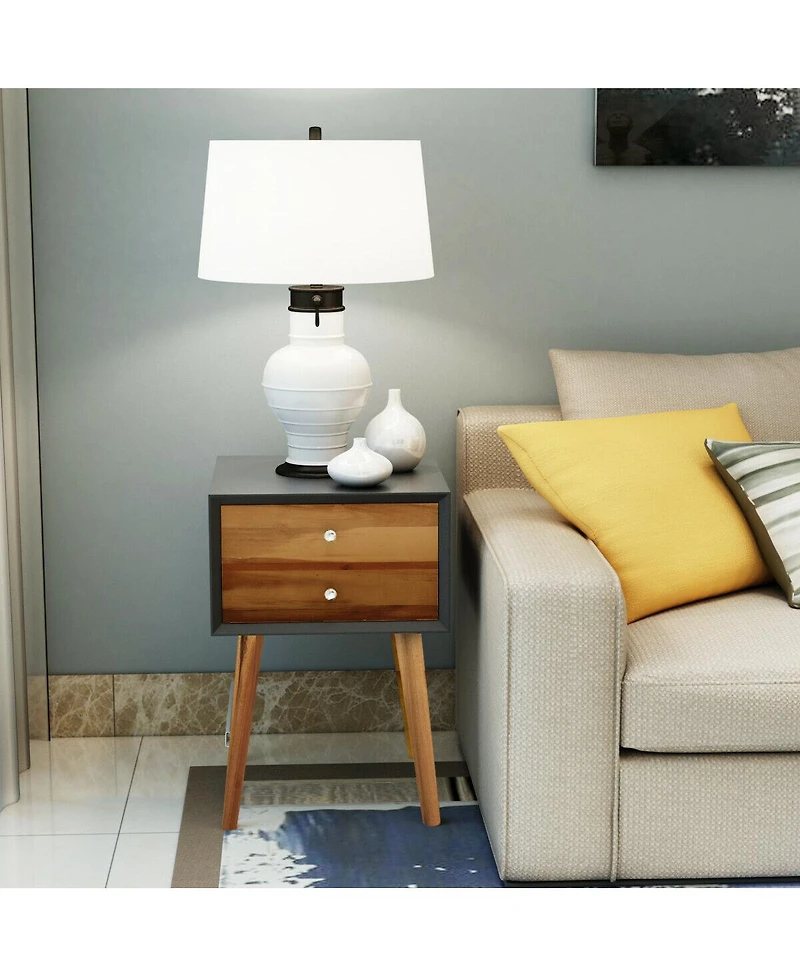 Sugift Mid-Century Wooden Multipurpose End Table with 2 Storage Drawers