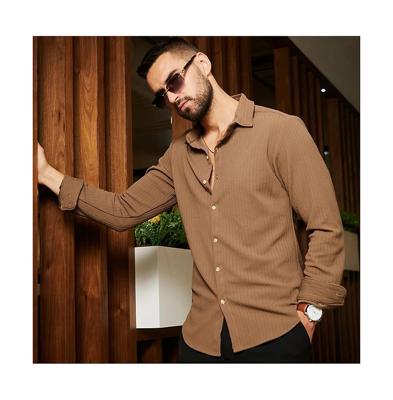 Men's Tan Brown Stripe-Creased Shirt