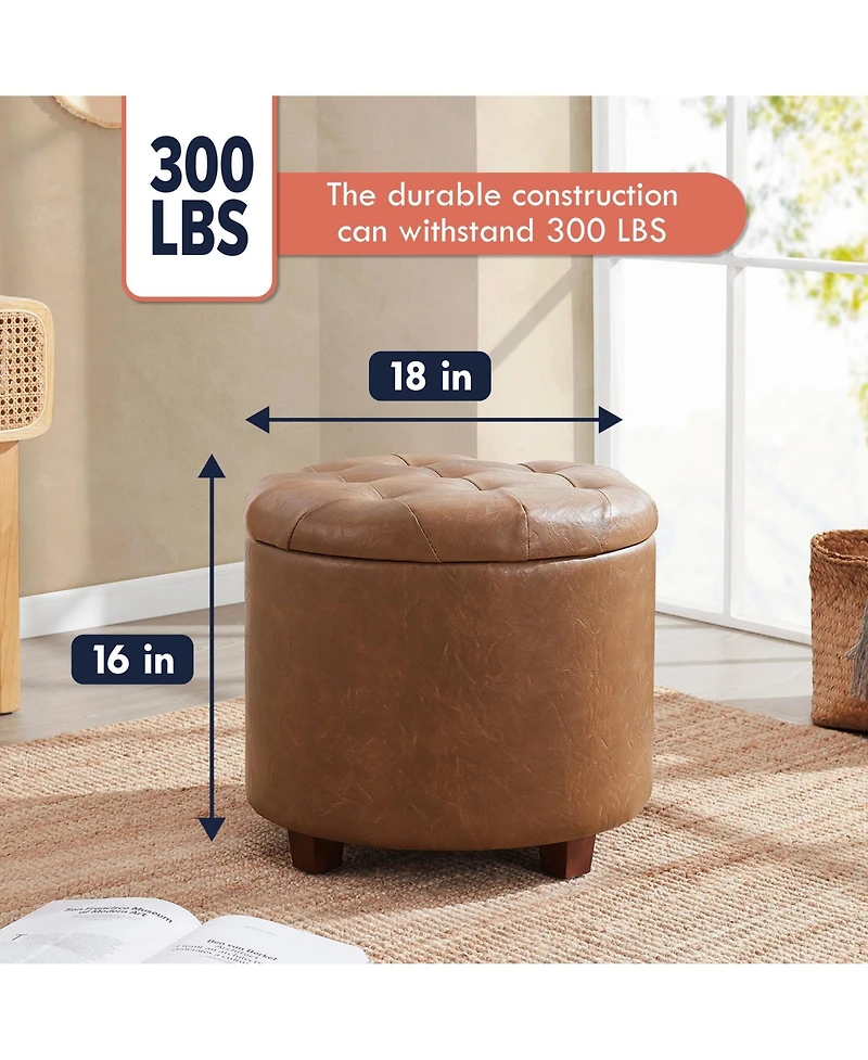 Faux Leather Round Storage Ottoman with Legs and Lift Off Lid