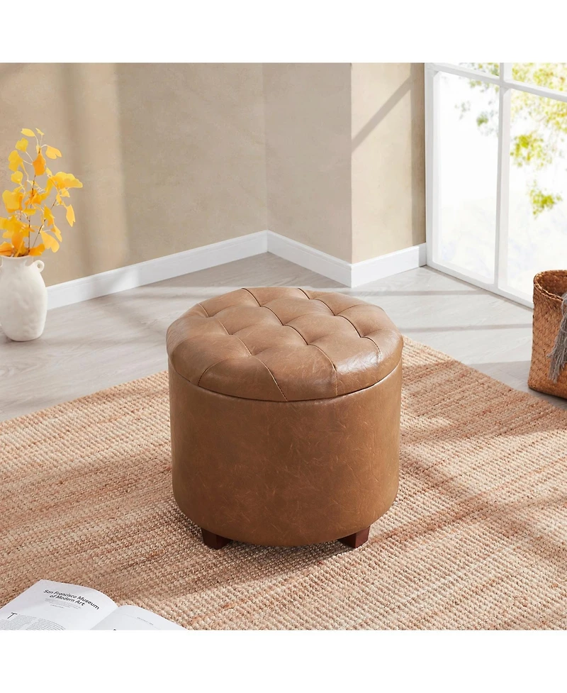 Faux Leather Round Storage Ottoman with Legs and Lift Off Lid