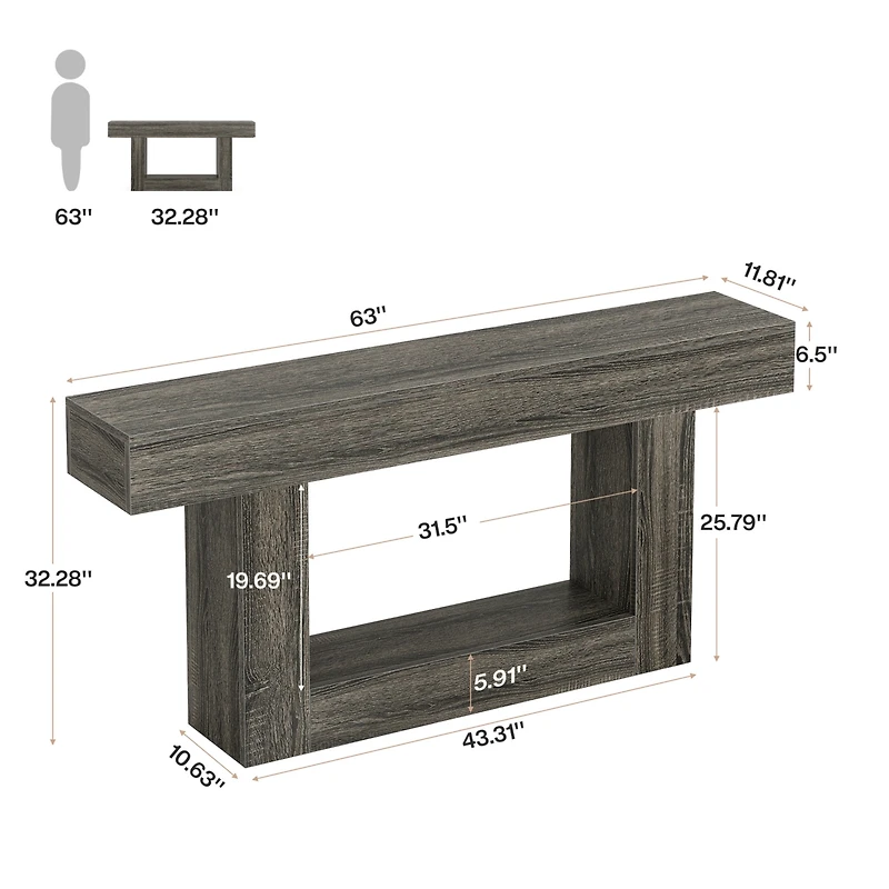 Tribesigns 63" Console Table, Farmhouse 2-Tier Entryway Table with U-Shaped Base, Narrow Long Wood Sofa Table Behind Couch Table