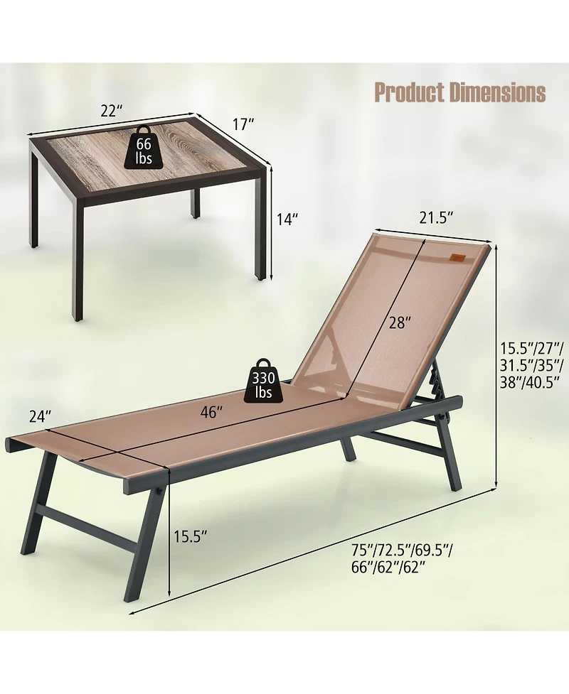 Skonyon 3 Pieces Patio Chaise Lounge Chair and Table Set for Poolside Yard